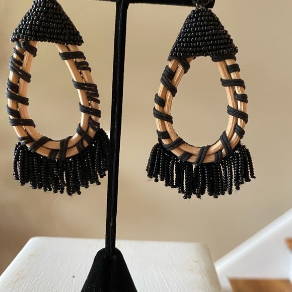 Anthropologie Larsa Black Beaded Tassel Drop Earrings - Picture 7 of 7